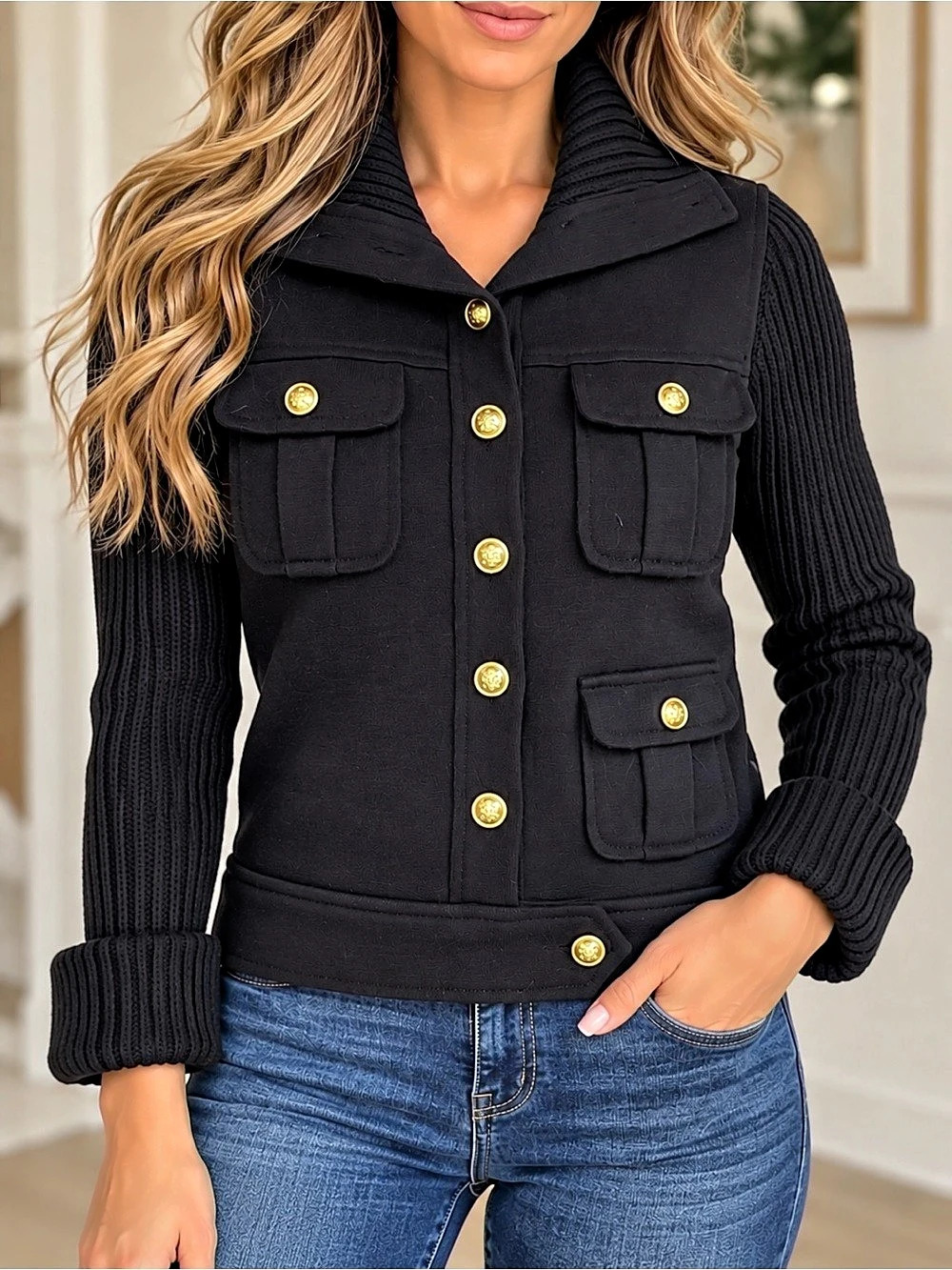Tory Burch Black Button-Front Knit-Sleeve Vest Like New